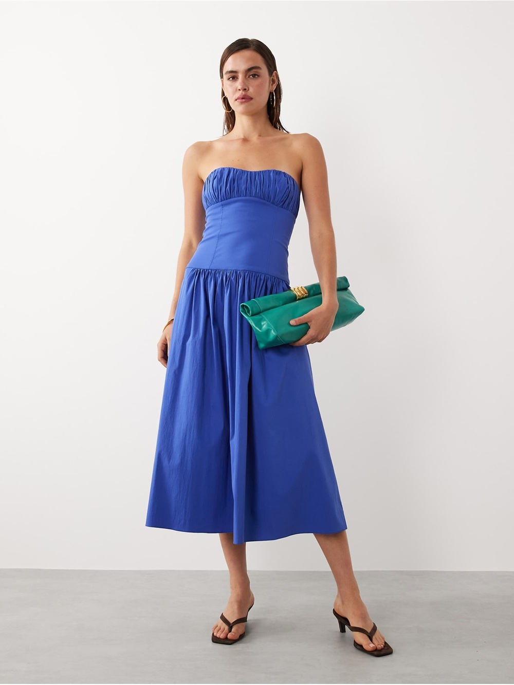 Mango starring Hailey Bieber structured off shoulder drop waist maxi dress